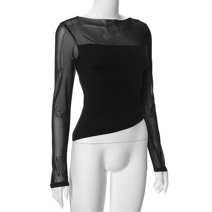 Mesh patchwork irregular solid long sleeve top  | Festival Outfits Women
