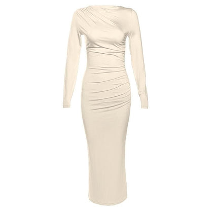 Ruched solid long sleeve zip-up maxi dress