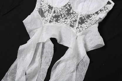 Mesh embroidery ruffle backless cami top  | Festival Outfits Women