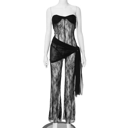 Lace see through solid self tie irregular backless tube jumpsuit  | Festival Outfits Women