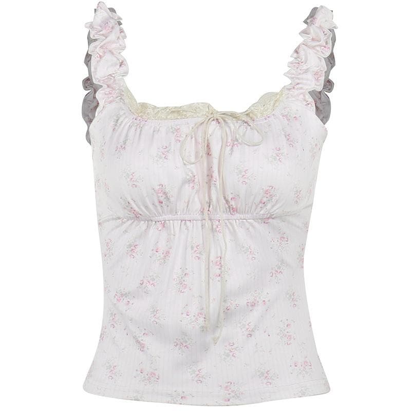 Flower print contrast sleeveless lace hem ruched top