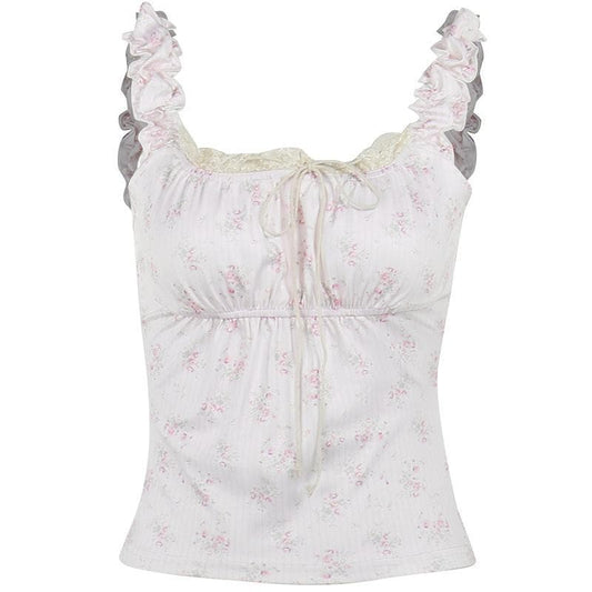 Flower print contrast sleeveless lace hem ruched top