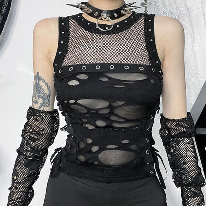 Crewneck fishnet buckle hollow out lace up tank cut out top  | Festival Outfits Women