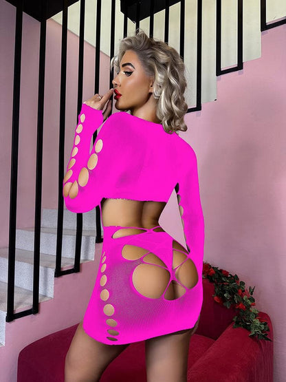 Long sleeve crewneck backless hollow out cut out mini dress  | Festival Outfits Women