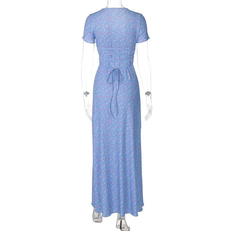 U neck flower print lace up maxi dress  | Festival Outfits Women