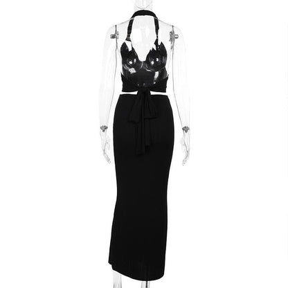 Halter v neck knotted backless maxi skirt set  | Festival Outfits Women