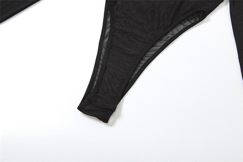 Long sleeve mesh metal tag patchwork bodysuit  | Festival Outfits Women