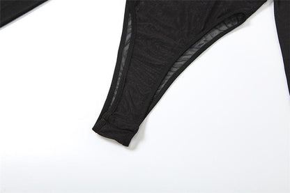Long sleeve mesh metal tag patchwork bodysuit  | Festival Outfits Women