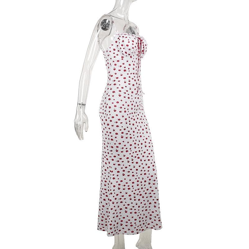 Bowknot ribbon stitch flower print polka dot cami maxi dress  | Festival Outfits Women