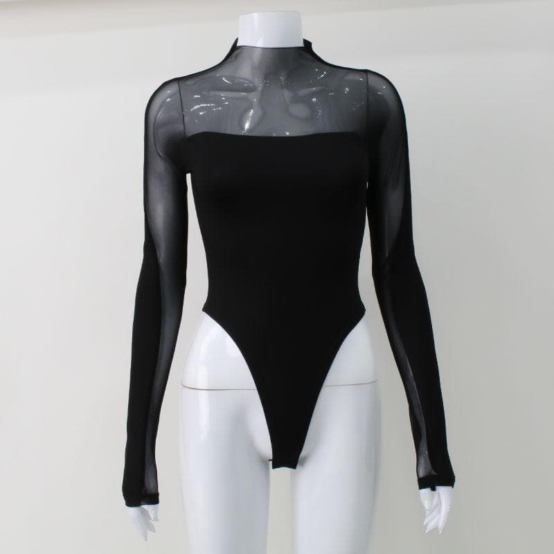 Long sleeve high neck mesh patchwork bodysuit  | Festival Outfits Women