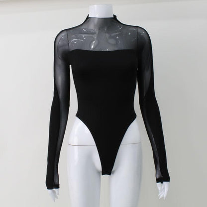 Long sleeve high neck mesh patchwork bodysuit  | Festival Outfits Women