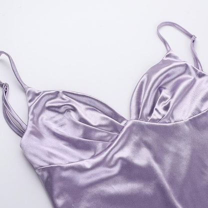 V neck satin ruched solid cami mini dress  | Festival Outfits Women