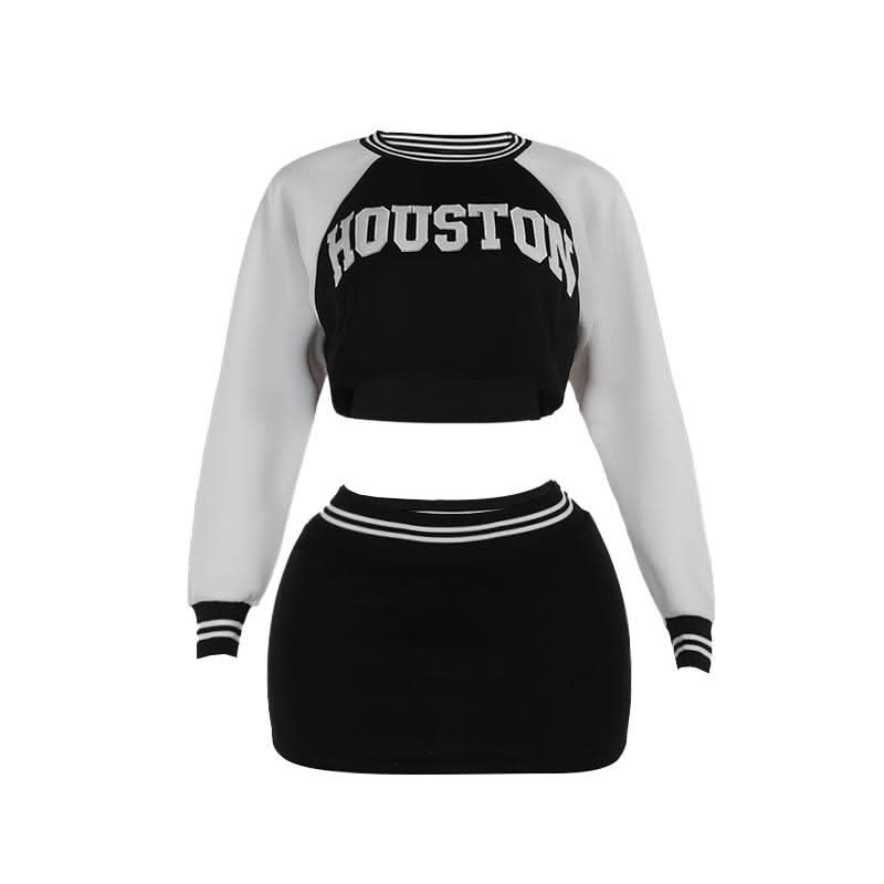 Long sleeve crewneck letter pattern crop mini skirt set  | Festival Outfits Women