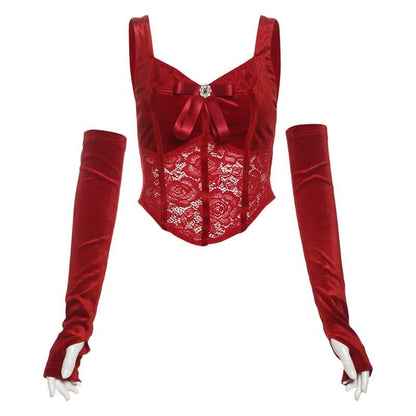 Gloves bowknot lace velvet patchwork cami top  | Festival Outfits Women