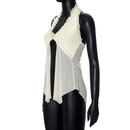 Halter lace hem ruffle butterfly embroidery mesh top  | Festival Outfits Women