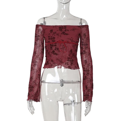 Flared sleeve off shoulder flower pattern top  | Festival Outfits Women
