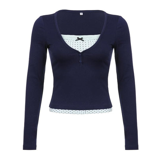 Polka dot patchwork long sleeve lace hem button top  | Festival Outfits Women
