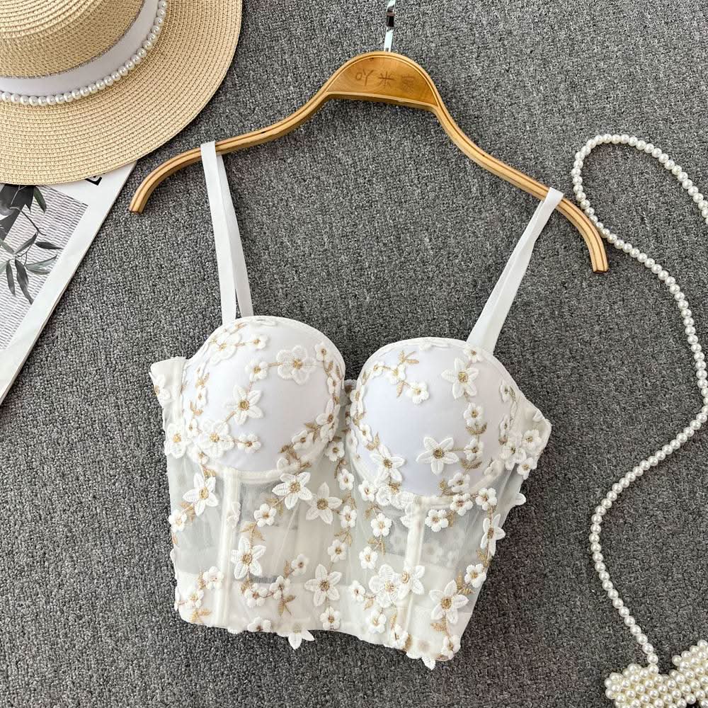 Embroidery padded bustier flower applique cami top  | Festival Outfits Women
