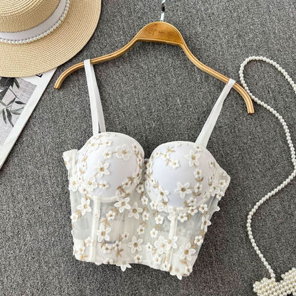 Embroidery padded bustier flower applique cami top  | Festival Outfits Women
