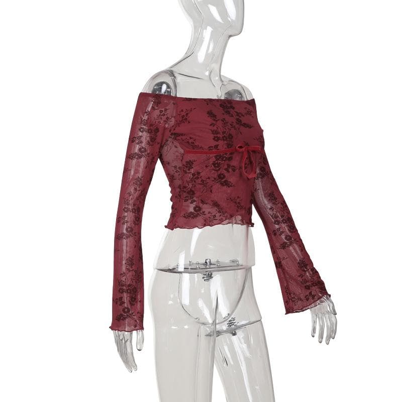 Flared sleeve off shoulder flower pattern top  | Festival Outfits Women