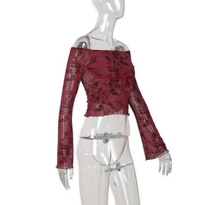 Flared sleeve off shoulder flower pattern top  | Festival Outfits Women