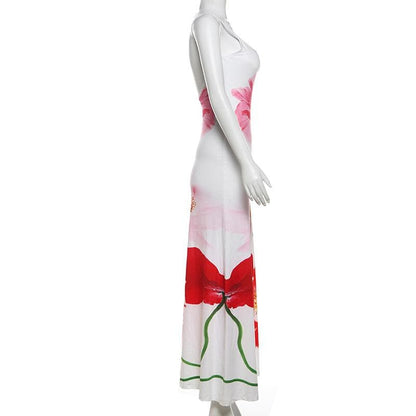 Flower print backless u neck cami maxi dress  | Festival Outfits Women