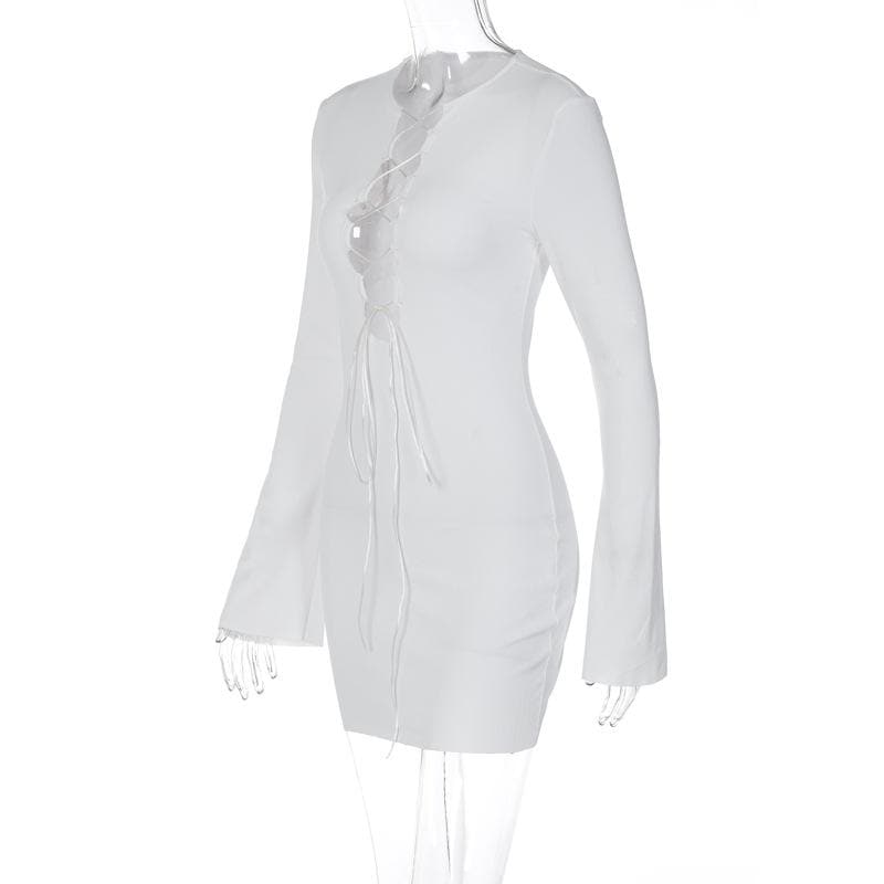 Lace up solid long sleeve ribbed self tie mini dress  | Festival Outfits Women