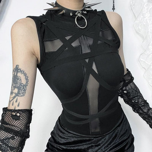 Crewneck patchwork cross front cross pattern tank top  | Festival Outfits Women