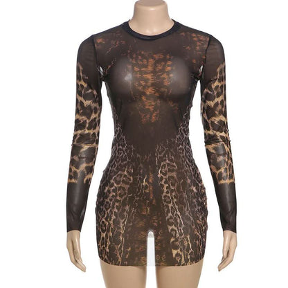 Crewneck long sleeve leopard print mesh mini dress  | Festival Outfits Women  | Leopard Print Mini Dress