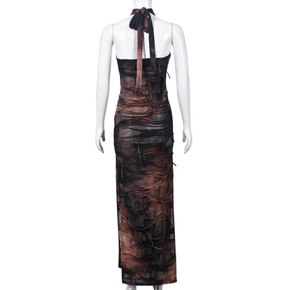Halter tie dye high slit cross front maxi dress  | Festival Outfits Women