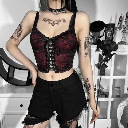 Lace v neck contrast lace up backless crop top