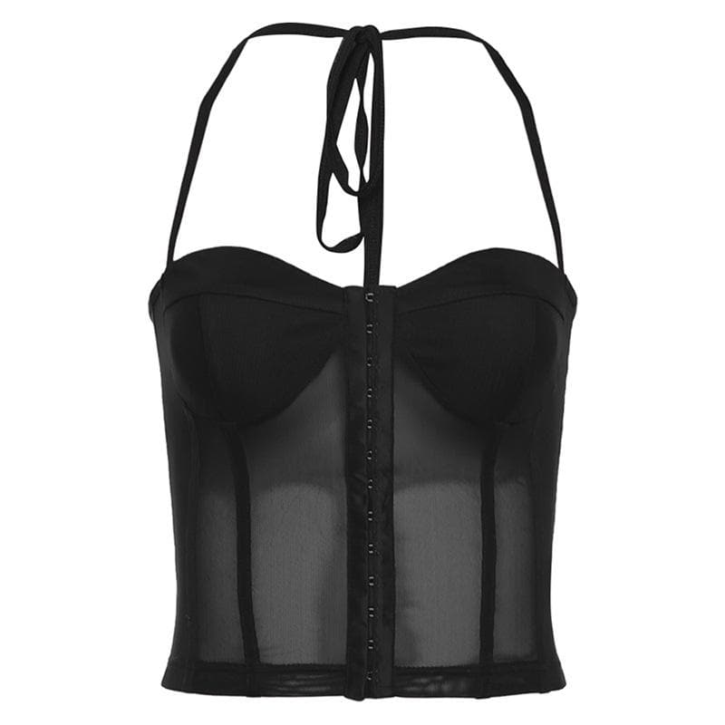 Button mesh backless solid corset halter self tie top  | Festival Outfits Women