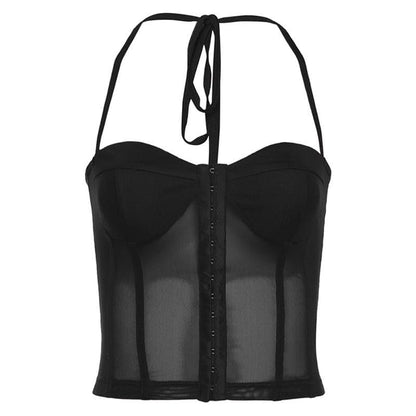 Button mesh backless solid corset halter self tie top  | Festival Outfits Women