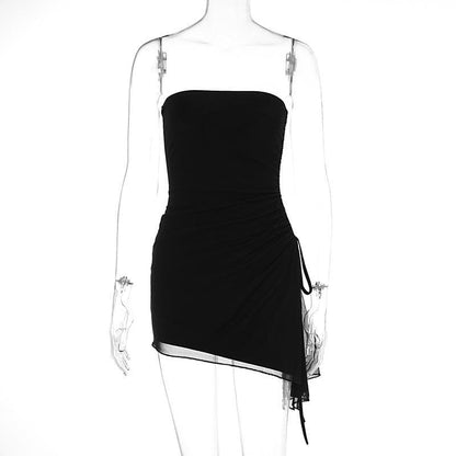 Drawstring ruched mesh irregular tube mini dress  | Festival Outfits Women