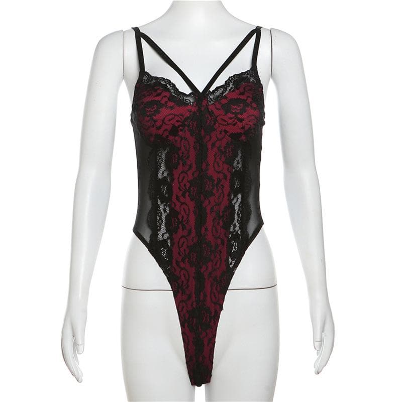 Patchwork v neck lace contrast bodysuit  | Festival Outfits Women