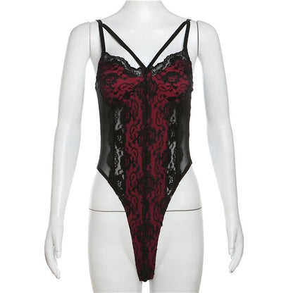 Patchwork v neck lace contrast bodysuit  | Festival Outfits Women