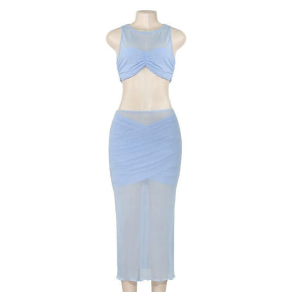 Crewneck sleeveless ruched mesh crop maxi skirt set  | Festival Outfits Women