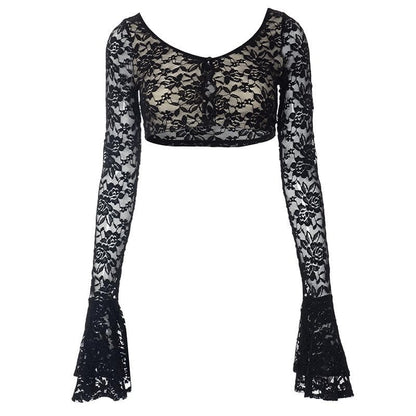 Long flared sleeve lace u neck button backless crop top  | Festival Outfits Women