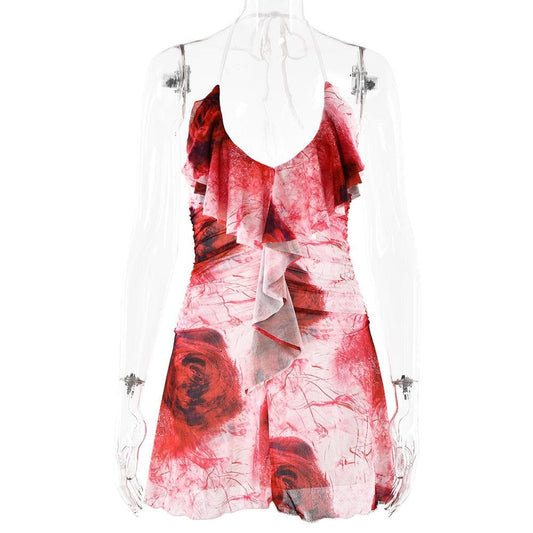 Halter ruffle rose print ruched backless cami mini dress  | Festival Outfits Women