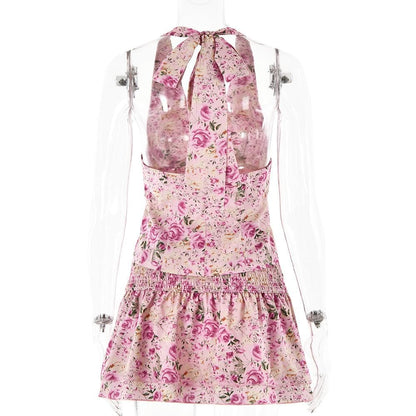 Halter smocked button flower print mini skirt set  | Festival Outfits Women