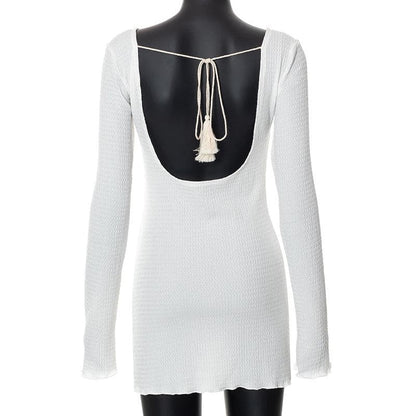 Textured solid self tie backless long sleeve ruffle mini dress