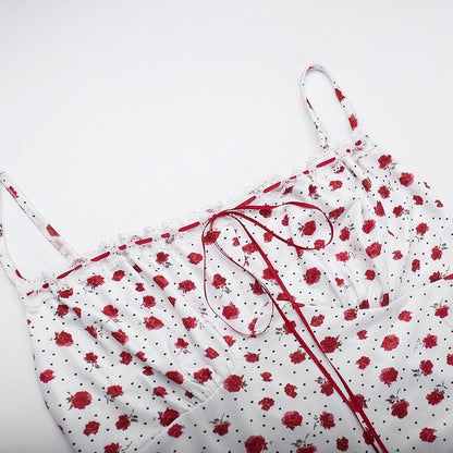 Bowknot ribbon stitch flower print polka dot cami maxi dress  | Festival Outfits Women