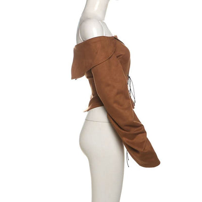 Off shoulder long sleeve lace up zip-up top  | Festival Outfits Women