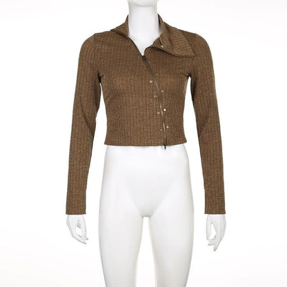 Textured irregular turnover collar zip-up long sleeve crop top