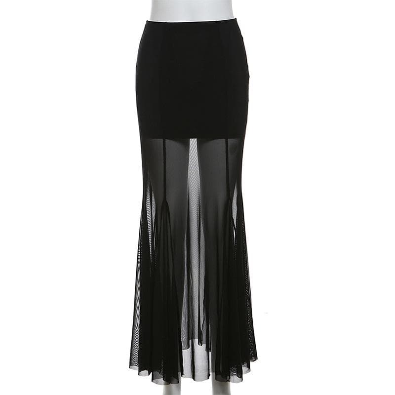 Mesh patchwork stitch solid maxi skirt  | Festival Outfits Women