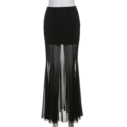 Mesh patchwork stitch solid maxi skirt  | Festival Outfits Women