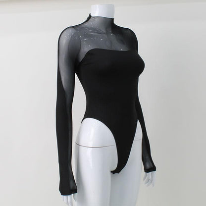 Long sleeve high neck mesh patchwork bodysuit  | Festival Outfits Women