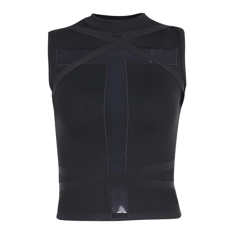 Crewneck patchwork cross front cross pattern tank top  | Festival Outfits Women