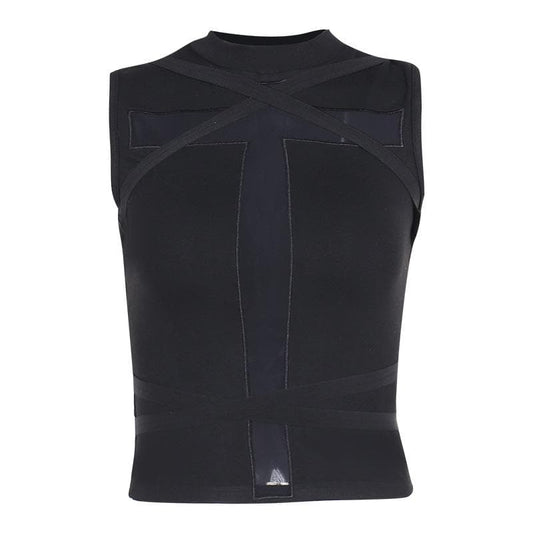 Crewneck patchwork cross front cross pattern tank top  | Festival Outfits Women