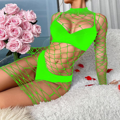 Long sleeve high neck fishnet hollow out lingerie set  | Festival Outfits Women
